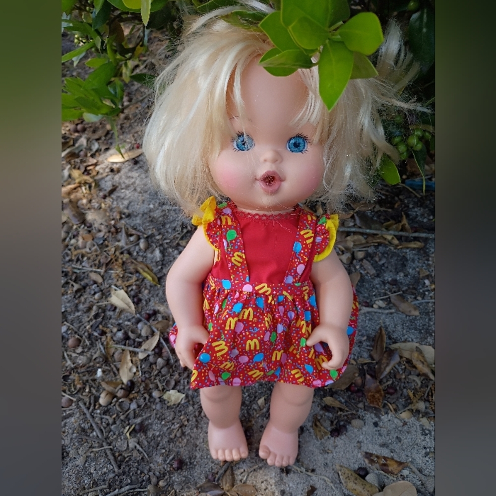 Vintage 1999 McDonald's Hasbro Blonde Baby Doll in Red and Yellow Dress